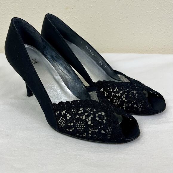 STUART WEITZMAN Lace Satin Open Toe Stiletto Pumps Size 8.5 M Black Rhinestones - Picture 1 of 9